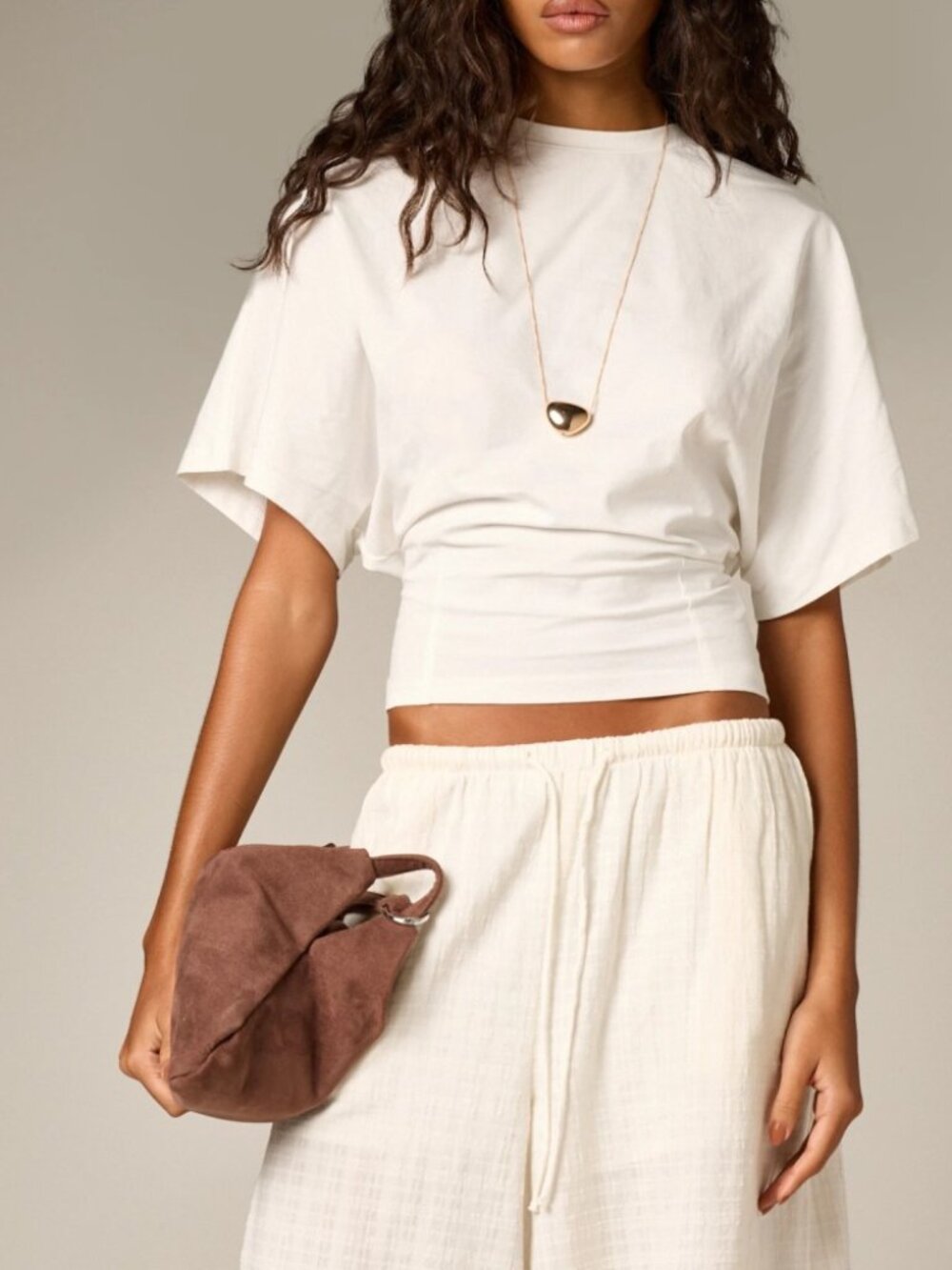 Ivory Cropped Tee with Draped Kimono Sleeves